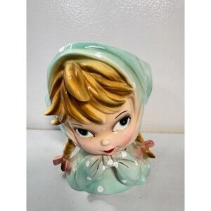 VTG Inarco Girl Polka Dot Scarf Aqua Head Vase Damaged READ